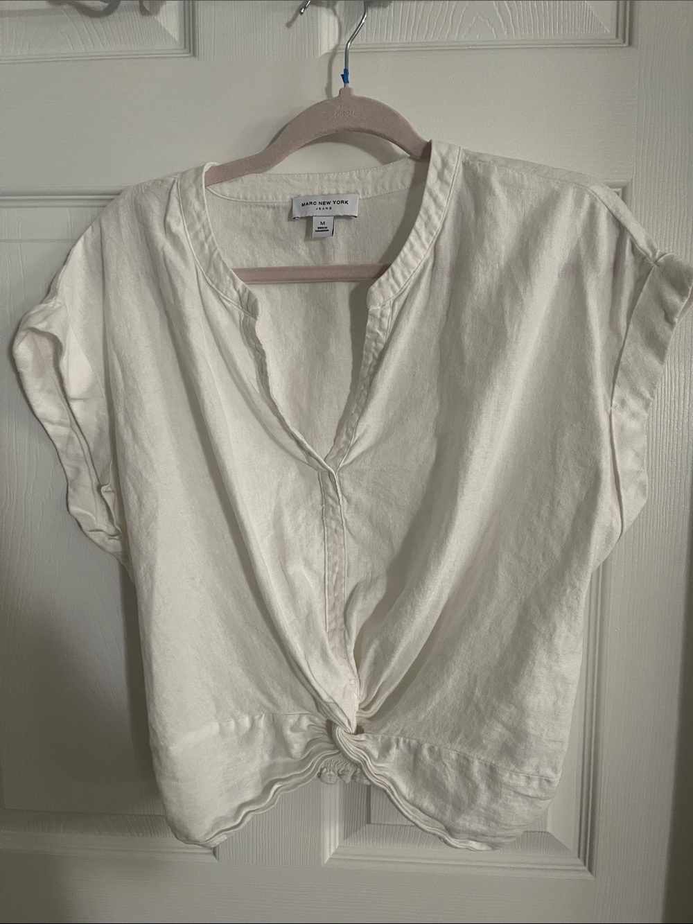 Marc New York white Linen Twist-Front Short Sleeve Top